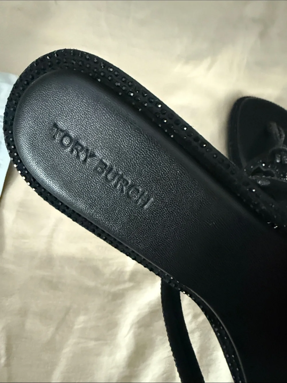 Tory Burch Black Logo Cutout Crystal-Trim Leather Sandals